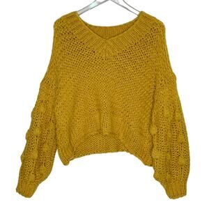 Scrap Work S Womens Pom Pom Chunk Knit Sweater Mustard Boho Marigold Fall